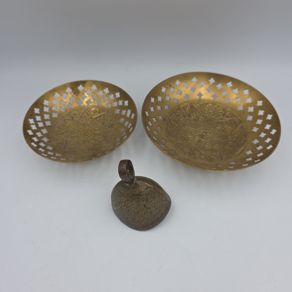 Vintage Indian Brass Decorative Plate Engraved Floral Design & Bell Lot Of 3